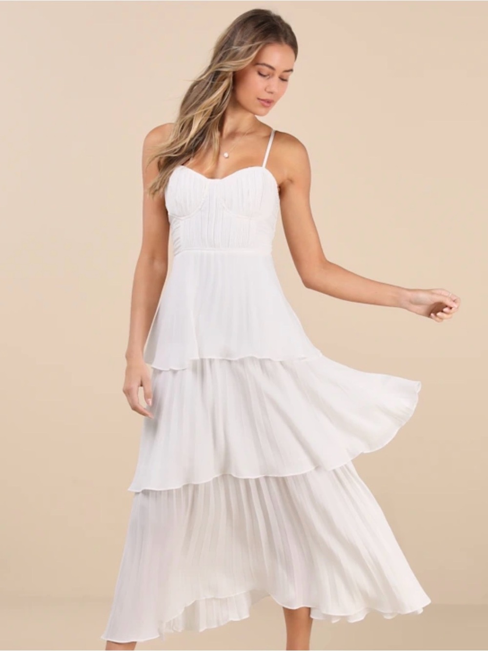 Lulus - Cascading Crush White Tiered Bustier Midi Dress